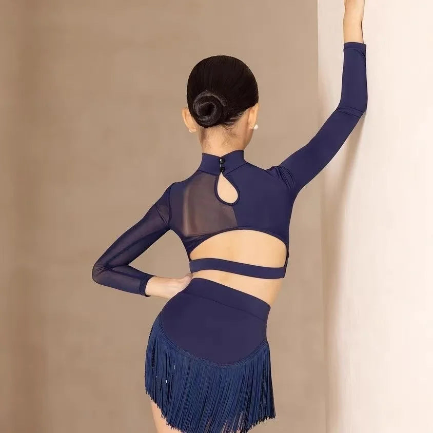 Blue Tassel Latin Dance Skirt Ballroom Salsa Rumba Dance Top Layered Fringe Dancewear for Girls