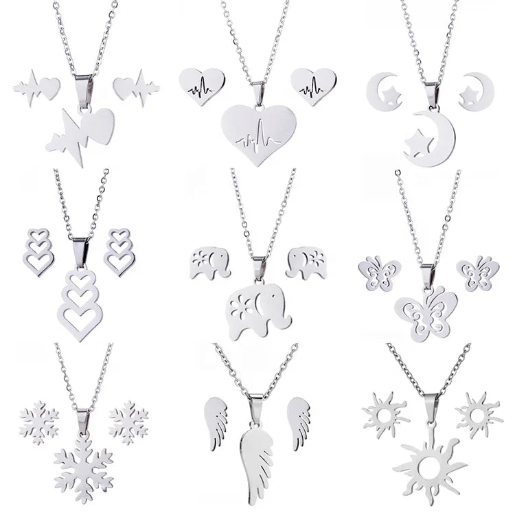 Trendy Non Tarnish Silver Plated Moon Cross Butterfly Heart Pendant Women Stainless Steel Earring Necklace Jewelry Set MegaBDM