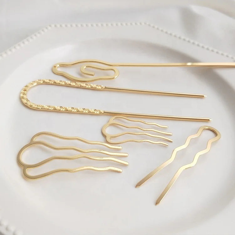 High Quality 14K Gold Plated Hair Chopstick Accessories Hairpins Hair Pin Copper Metal Comb U Shape Hair Forks