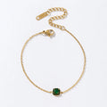 Women Jewelry Thin Chain Charm 18K Gold Plated Stainless Steel Square Pendant Green Cubic Zirconia Bracelet