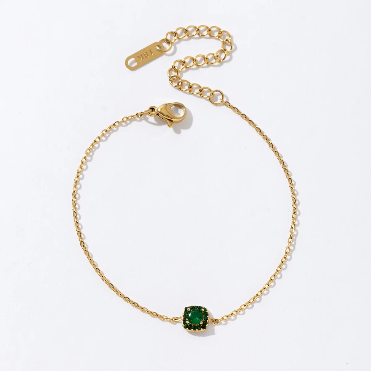 Women Jewelry Thin Chain Charm 18K Gold Plated Stainless Steel Square Pendant Green Cubic Zirconia Bracelet