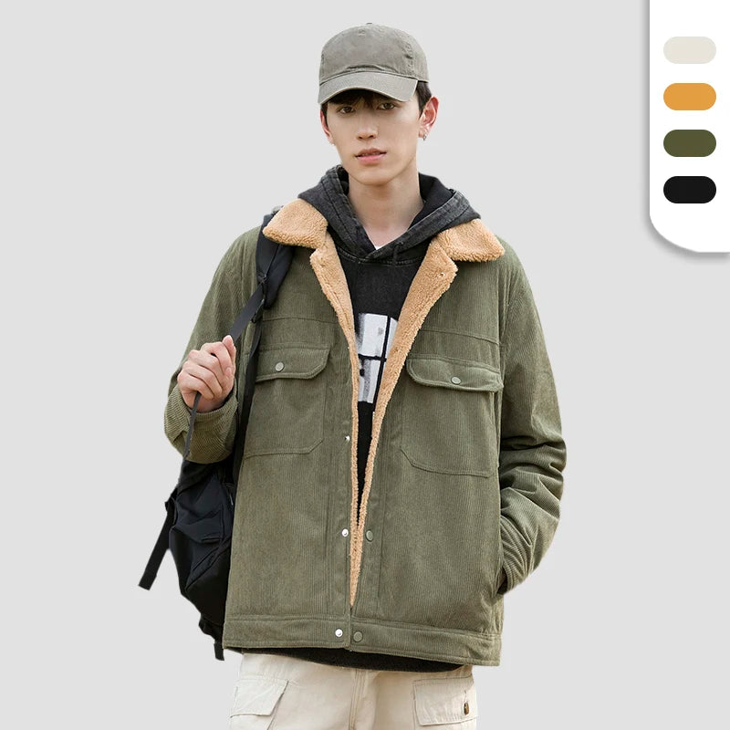 Men's Winter Corduroy Jacket with Warm Fleeced Lining Lapel Collar Cargo Style Cowboy Style Regular Fit Coat