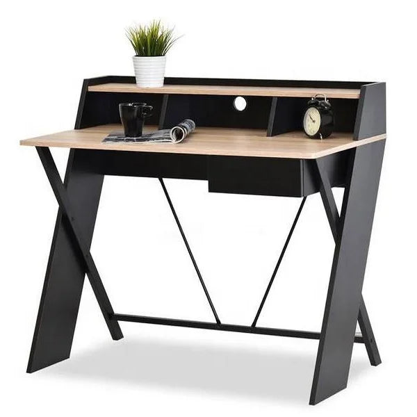 Modern Wooden Top Black Metal Frame Writing Desk Home Office Laptop Computer Desk with Storage Shelf and Drawer