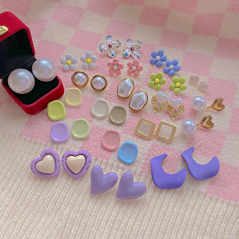 Candy Color Ear Jewelry for Girls S925 Silver Needle Ear Studs Cute Heart Flower Resin Earring Summer Style Ear Hoop