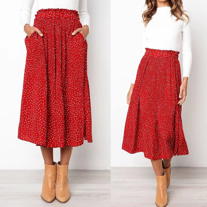 White Dots Floral Print Pleated Midi Skirt Women Elastic High Waist Side Pockets Skirts Summer Elegant Female Bottom