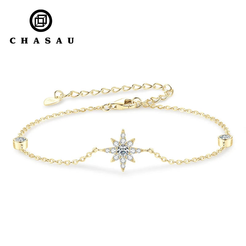 Factory Wholesale 14k Gold Plated 925 Sterling Silver 3mm&1.5mm&1.2mm Cluster Moissanite Eight-Pointed Star Bracelet Women