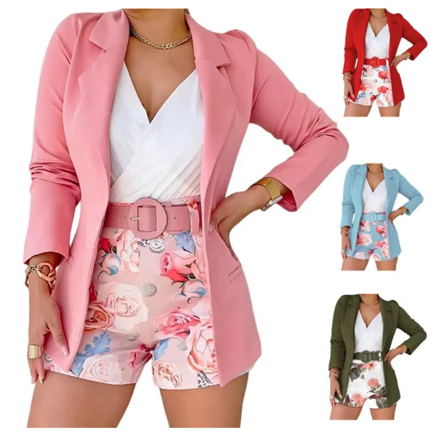 Latest Design Fashion Ladies Blazer and Shorts Sets Printed Elegant Women Blazer Set for Women With Belt
