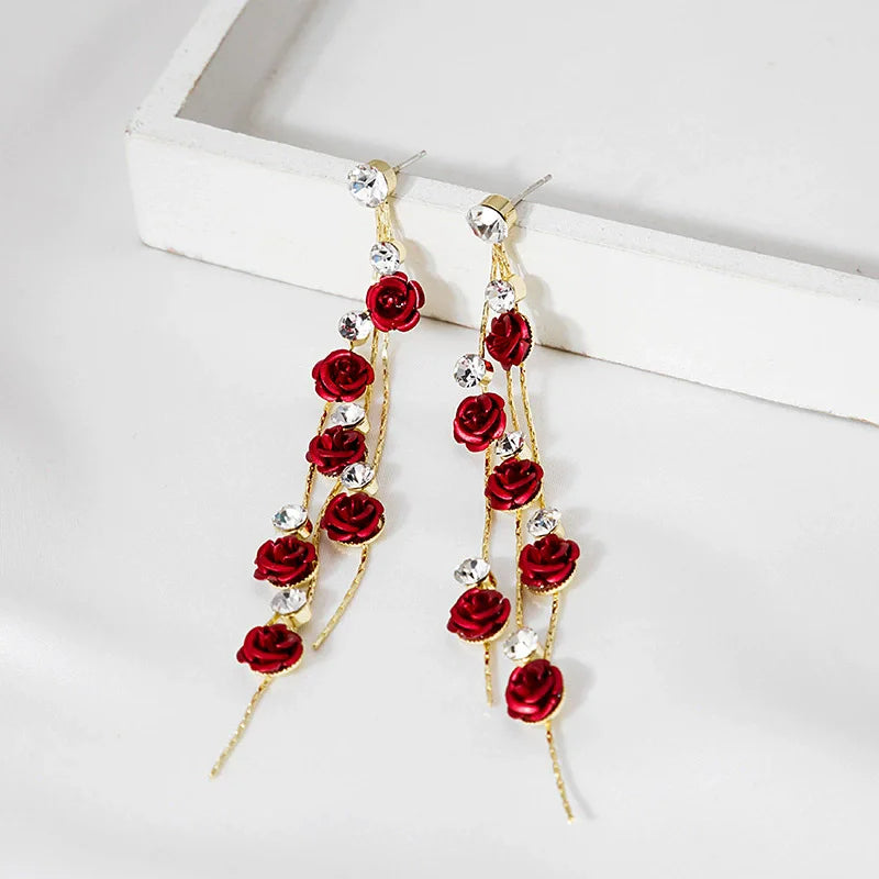 New Arrival Rose Flower Earring Long Tassel with Purple Crystal  Stud Earrings  for Women
