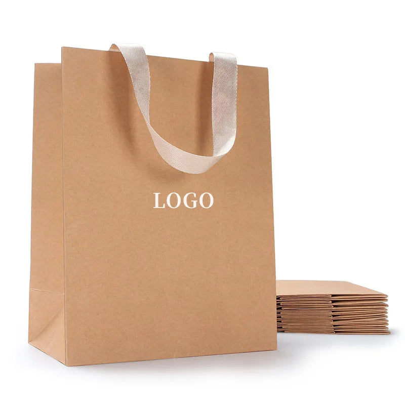 Recyclable Brown Kraft Paper Bag Printing Logo Custom Gift Bags With Ribbon Handles Shopping Wedding Party Bags