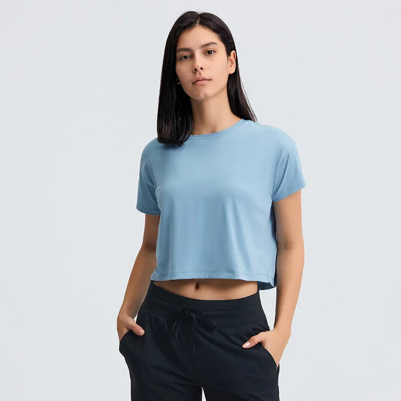 Short Sleeve Boxy Yoga Running Cropped Basic Tee Women's Workout Crop Top T-Shirt Women's Sports T-shirts MegaBDM