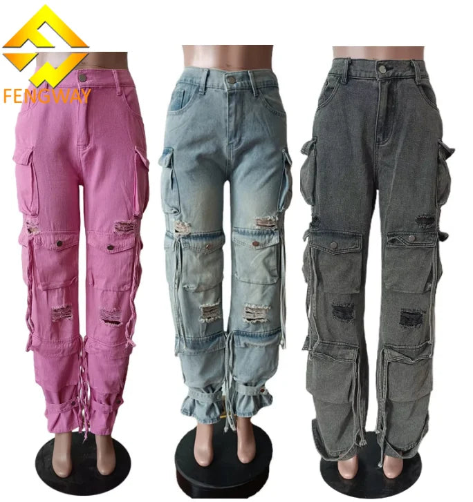 2025 New Arrival Womens Cargo Pants Women Fashion High Waist Straight Baggy Jean Aesthetic Multi-pocket Trousers Women Clothing
