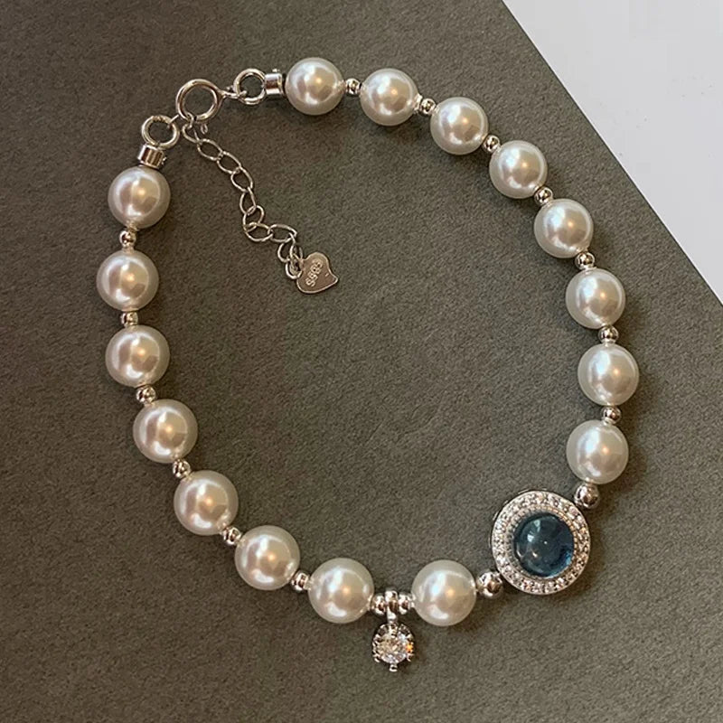 2024 New Exquisite S925 Silver Metal Inlaid Natural Aquamarine 6mm Bright White Pearl Bracelet Women Jewelry Factory Wholesale