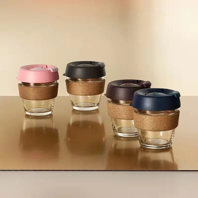 8/12oz  Customized logo  Borosilicate Glass Coffee Cup Mug with Silicone Sleeve and Cork Sleeve