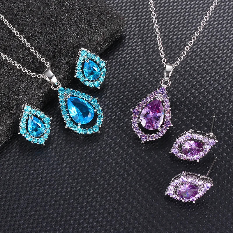 2024 New Trendy Ladies Zircon Necklace Earrings Set Luxurious Women Crystal Jewelry Set
