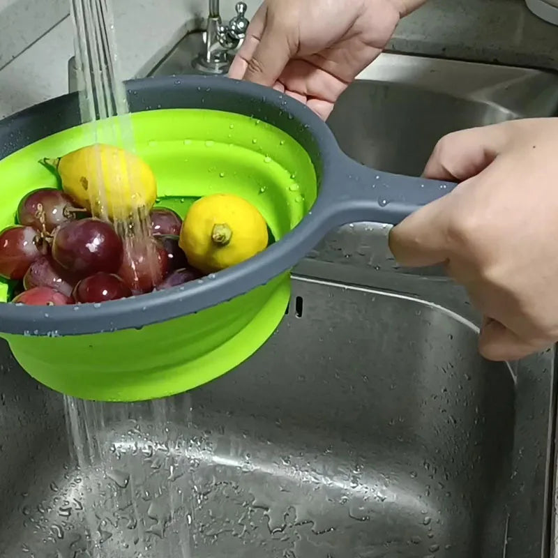 Home Kitchen Kitchen Colander Basket Silicone Collapsible Strainer Drain Basket with Round Long Handle
