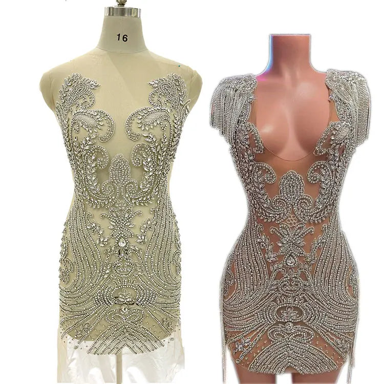 Keering Wedding Dress Gold Silver Beaded Rhinestone Bodice Applique Crystal for Garment Large Black Women WDP-406