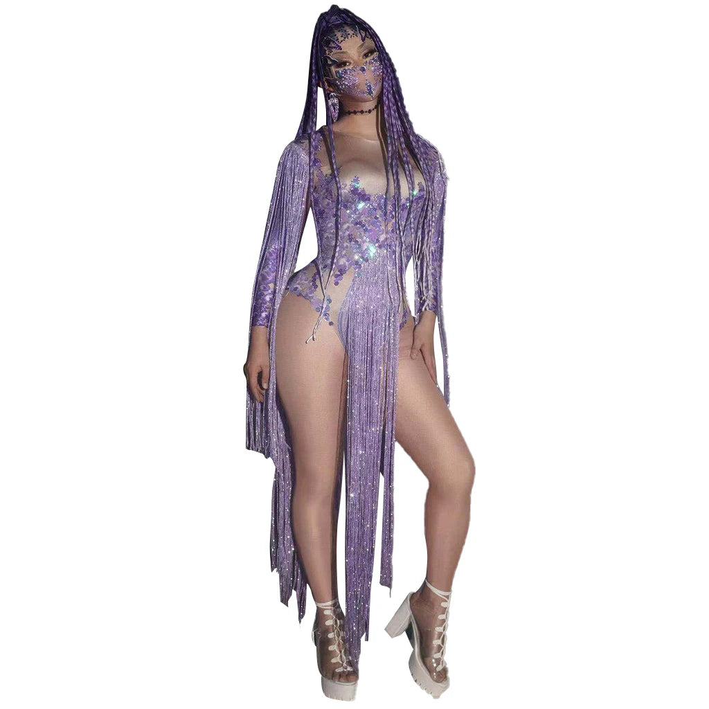 Purple Crystal Sequin Long Tassel Leotard Women Rhinestone Bodycon Party Bodysuit Performance Dance Stage Costumes