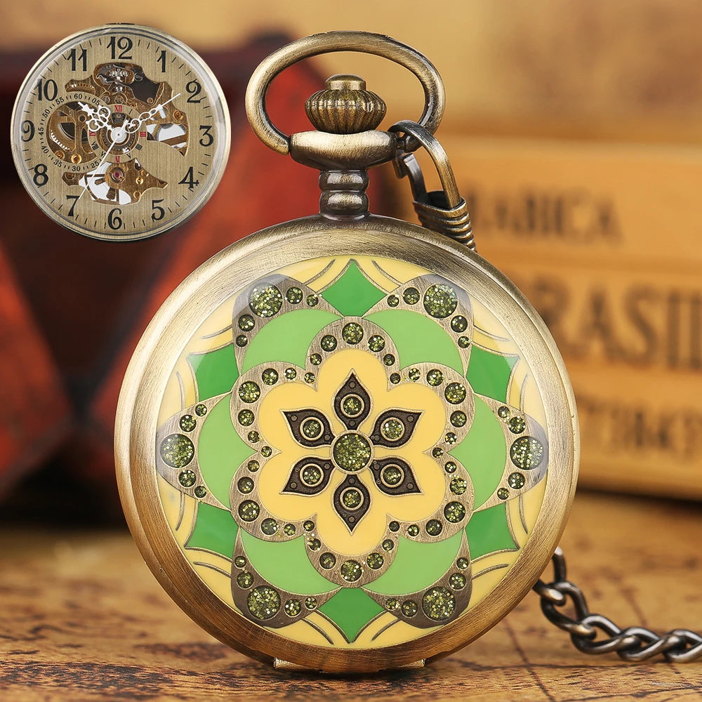 Flower & Rhinestone Design Antique Bronze Mechanical Pocket Watch Retro Locket Pendant with Fob Chain Manual Winding Movt