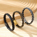 New 18K Gold Plated Stainless Steel Braided Leather Bracelet Handmade Woven Rope Metal Clasp Black Bracelet Bangle for Unisex
