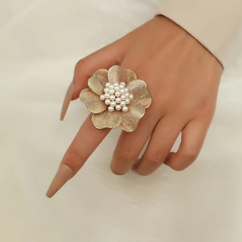 Exaggerated Pearl Flower Ring for Women Vintage Open Adjustable Gold Color Camellia Finger Ring Jewelry Anillos