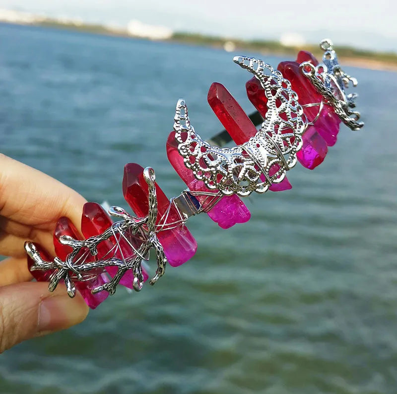 DIY Online Shop Natural Plating Rainbow Crystal Moon Ancient Silver Branch Red Purple Hair Comb Crown Headband
