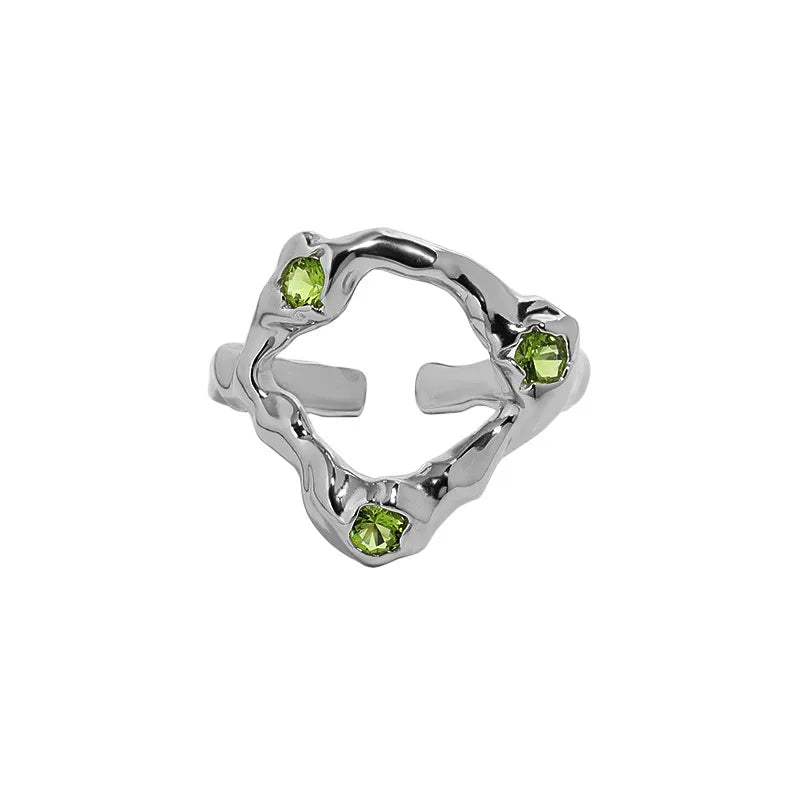 925 Sterling Silver Olive Green Zircon Crystal Irregular Shape Hollow Out Rings