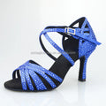 Customized Small Beads Ballroom Dance Shoes for Women Suede Sole Blue Satin Latin Dancing Sandals 7CM