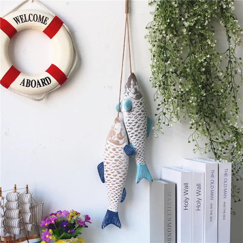 Mediterranean Ocean Beach Nautical Wood Carving Fish Wooden Sculpture Gifts Craft Fish Wall Hanging Decor Ornaments for Home