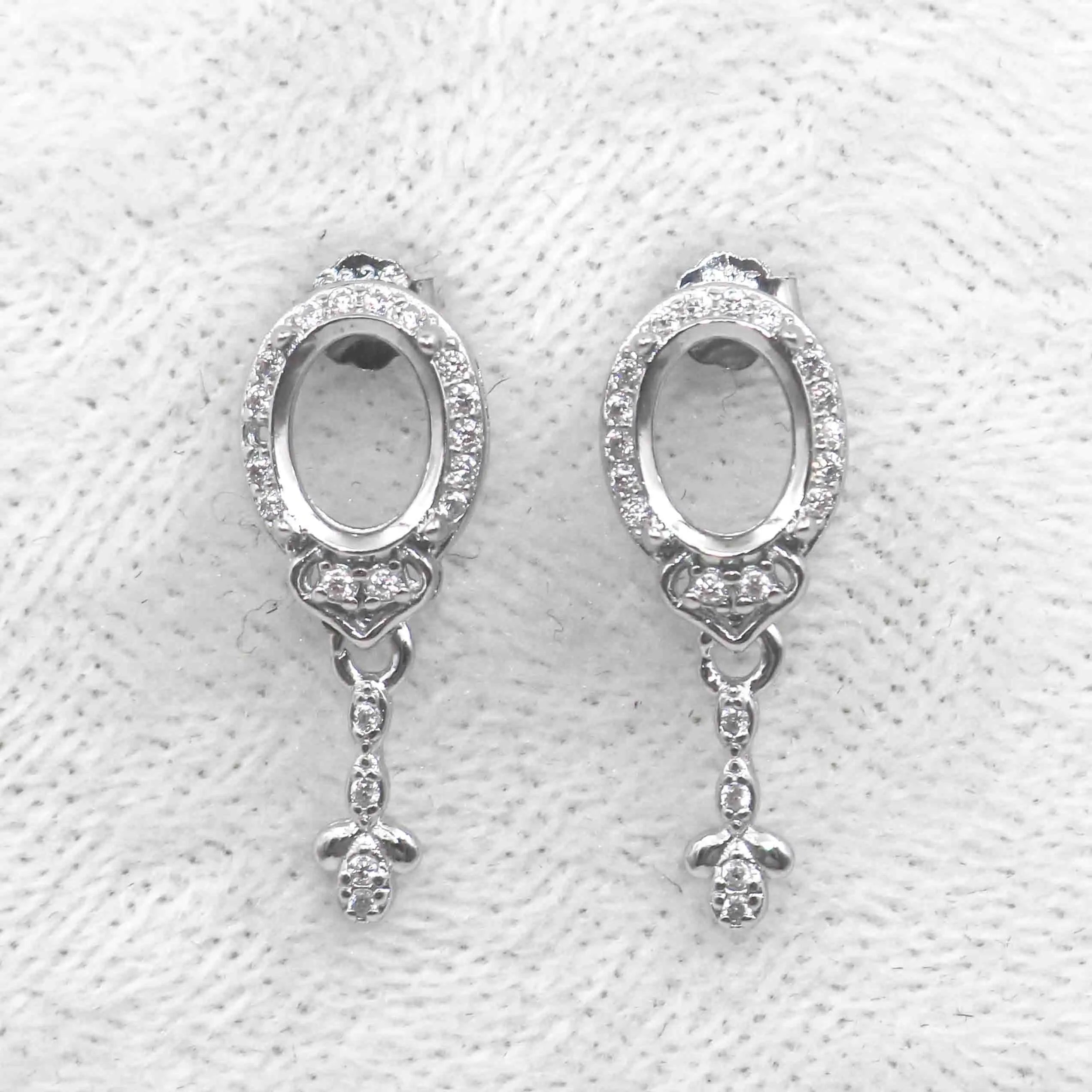 Sterling Silver 6*8mm Semi Mount Stud Eardrops Empty Frame Support Blank Setting S925 Base Without Center Stone DIY for Inlay