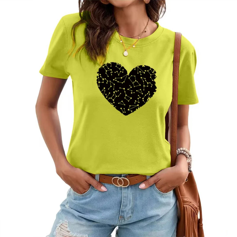 Direct Factory Wholesale Good Quality Loose Fit Casual Women's T-Shirts Crew Neck Solid Heart Print Breathable Logo Anti-Pilling