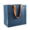 Custom Gold Stamping Logo Embossed Art Paper Navy Dark Blue Gift Bag Flat Bottom Luxury Paper Bag with Handle