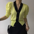 One Size Fits All Summer French V-neck Top Contrast Single Breasted T-shirt Casual Short Sleeved Knitted Cardigan