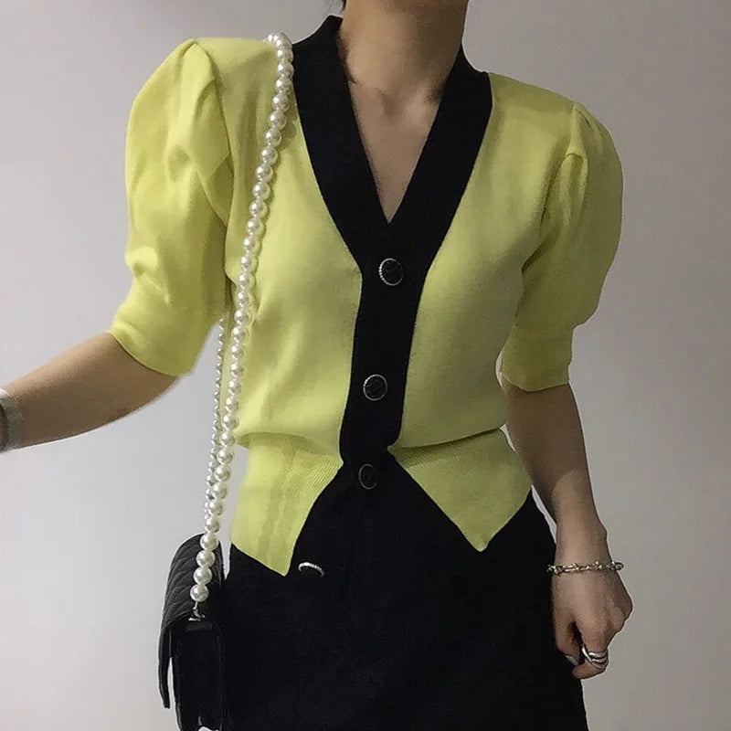 One Size Fits All Summer French V-neck Top Contrast Single Breasted T-shirt Casual Short Sleeved Knitted Cardigan