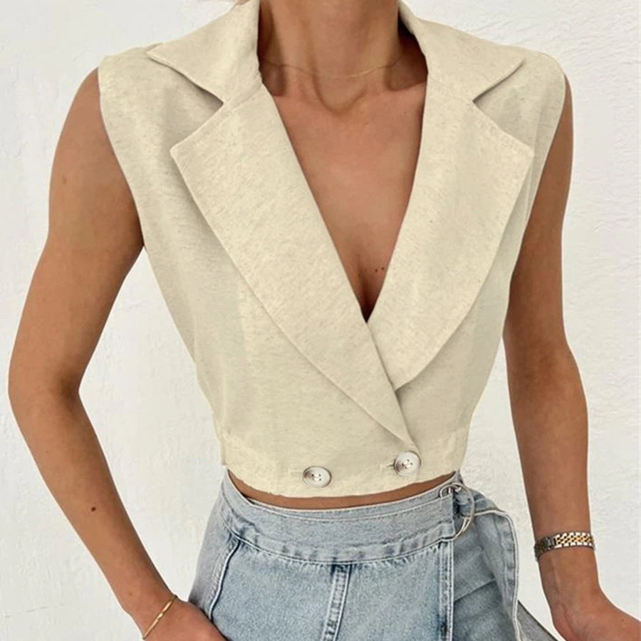 Enyami Summer Autumn Chic Niche Design Office Casual Women Sleeveless Blouses Vest Tuxedo Cotton Linen Lapel Ladies Shirt Tops