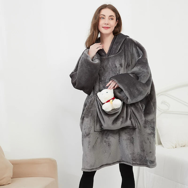 Wholesale Custom Oversized Hoodie Blanket Sherpa Fleece Sweatshirt Winter Wearable Blanket Hoodie with Pet Pocket MegaBDM