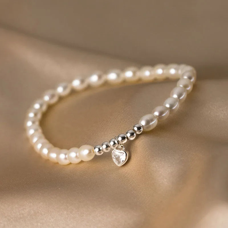 Handmade 925 Sterling Silver Freshwater Pearl Zircon Heart Shape Beaded Bracelet Women Fine Jewelry