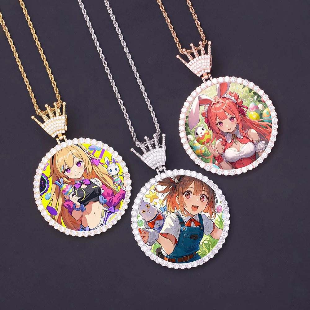 68MM HipHop Crown XL Round Zircon Photo Frame Memory Pendant Iced Out Sublimation Large CZ Circle Charm Picture Necklace Jewelry