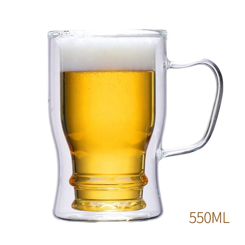 New Design 350ml 550ml Insulating Double Wall Upside Down Beer Glass Cup with Handle