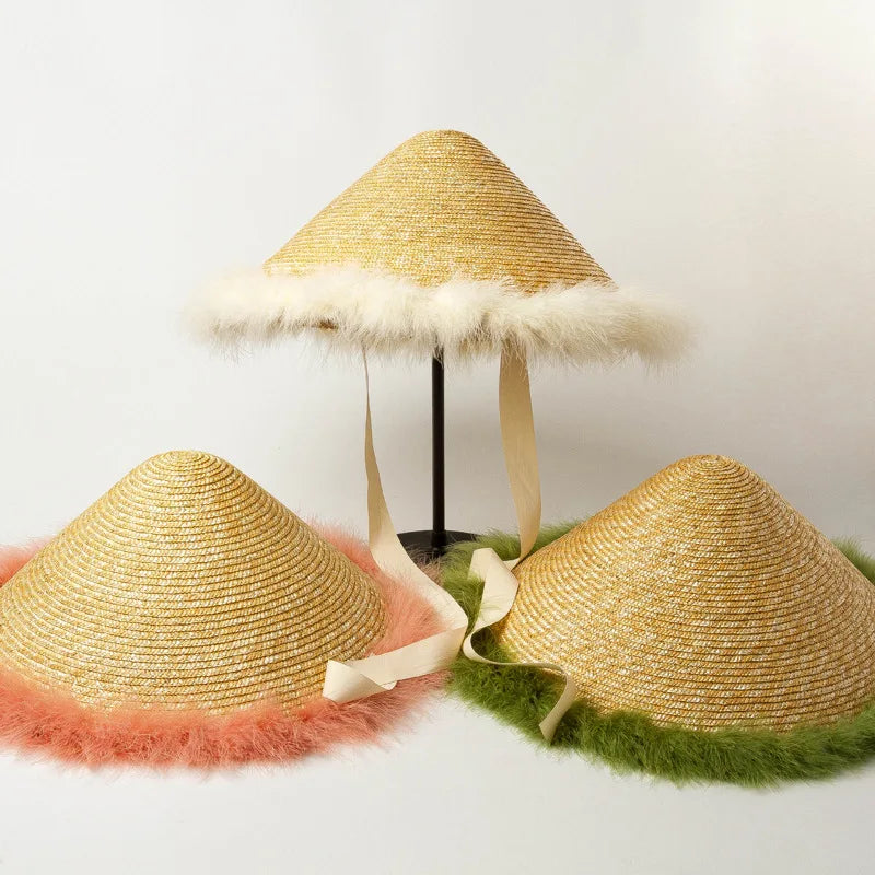 Custom Trendy Brand Ladies Summer Hats Feather Cone Hats Show Model Sombreros Women Luxury Wheat Straw Hats With Long Tie Ribbon