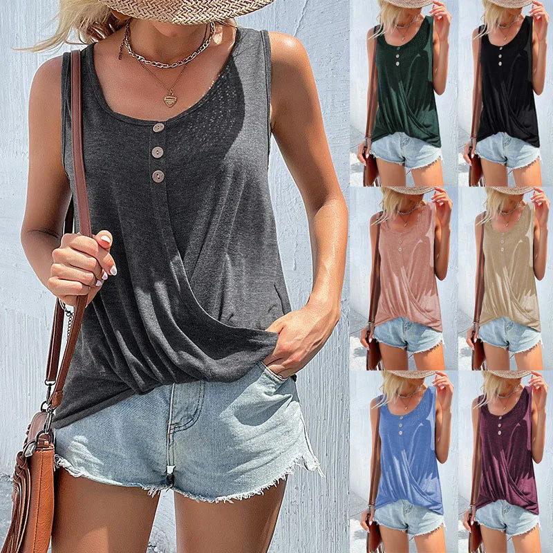 S-5XL Summer Women's New Twist T-shirt Solid Color Cross Button Round Neck Sleeveless Tank Top