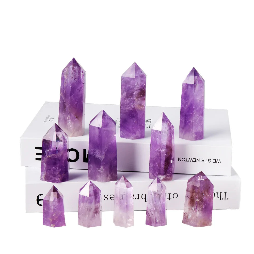 Single Point Natural Amethyst Citrine Crystal Wand 6 Faceted Healing Tower Polished Tumbled Stone
