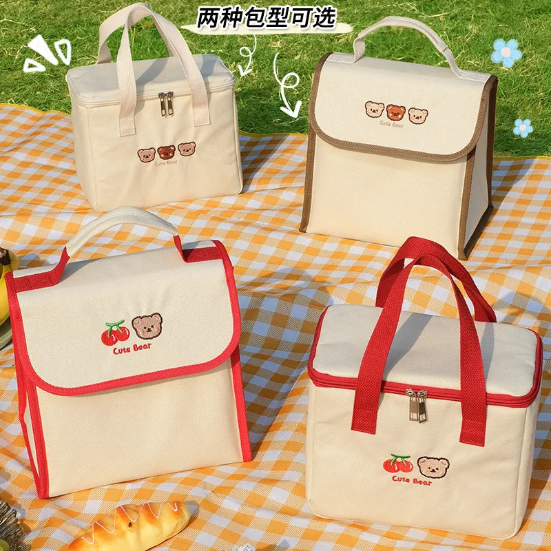 Handheld Women's Lunch Box Handbags Large Capacity Girls Picnic Bento Bag Cartoon Canvas Insulated Bag Wholesale Oem Customized