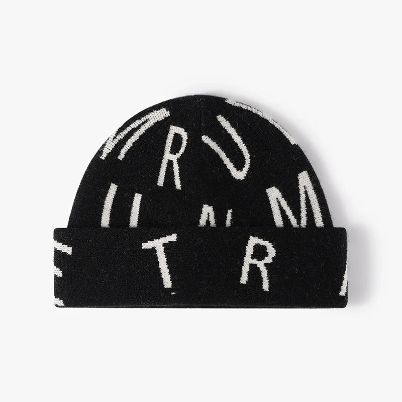 Custom Logo Jacquard Woven Knit All Over Print Cuffed Winter Hats Fisherman Beanies for Men