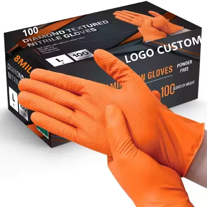 Custom Orange Black 8mil Automobile Industrial  Durable Car Repair Mechanic Nitrile Gloves With Diamond Texture