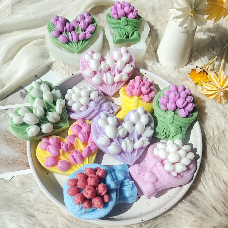3D New Designs Tulip Candle Silicone Mold Flower Heart Shaped Silicone Molds Handmade Soap Molds MegaBDM