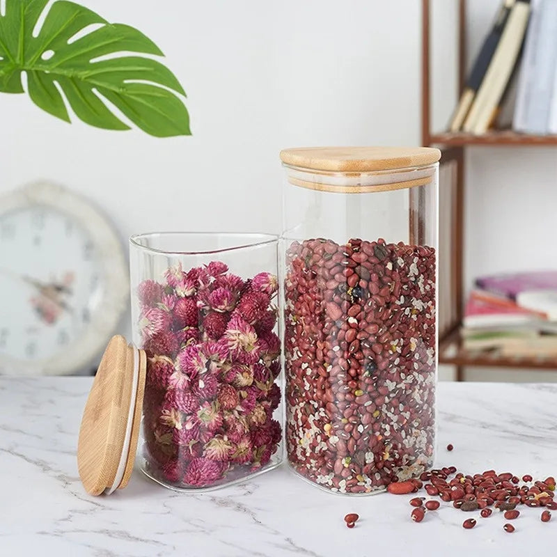 Triangle Airtight Food Spice Coffee Glass Jars BPA Free High Borosilicate Handmade Eco-Friendly Storage Jars Bamboo Presents