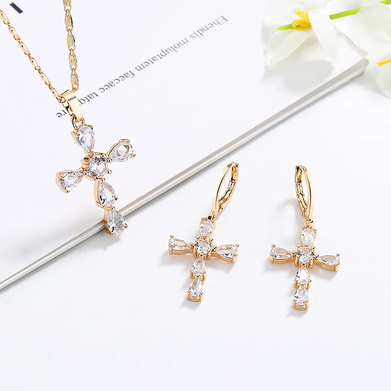 Cz Zirconia Religion Cross 18k Gold Plated Safety Jewelry for Woman Earring Necklace Jewelry Set for Women and Girls