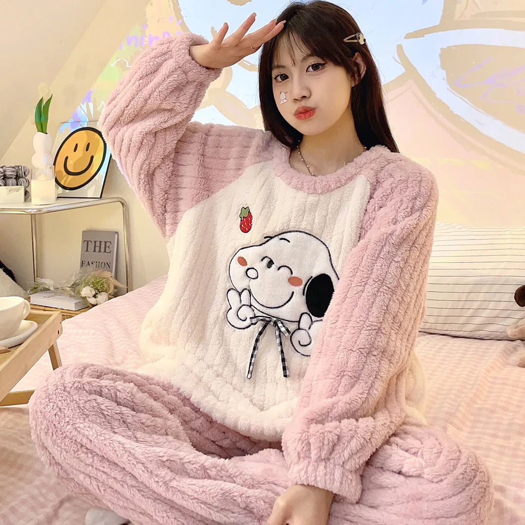 Winter Pajamas Cartoon Flannel Thick Warm Female Cute Loose Round Neck Lounge Wear Women Sleepwear Sets