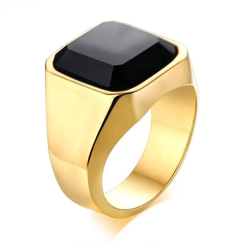 Fashion Luxury Square Signet Rings 18k Pvd Gold Plated Black Onyx Stainless Steel Men Ring