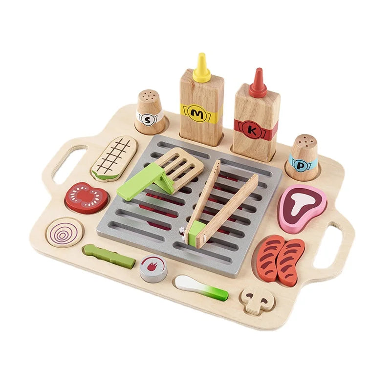 Wholesale Children Wooden Kitchen Toy Simulation Wood Barbecue Plate Role Play Toy Kids Educational Wooden Toys